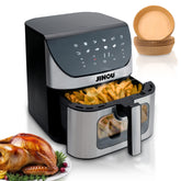 Jinou Air fryer 8L 1700W, 7 Presets–Made w/Non-Stick Bucket & Touch Panel–Frying,Grilling,Broiling, Roasting,Baking,Toasting,Vegetables,Fries,Chicken,Meat & Fish.10 Free Paper Liners. 1 Yr Warranty