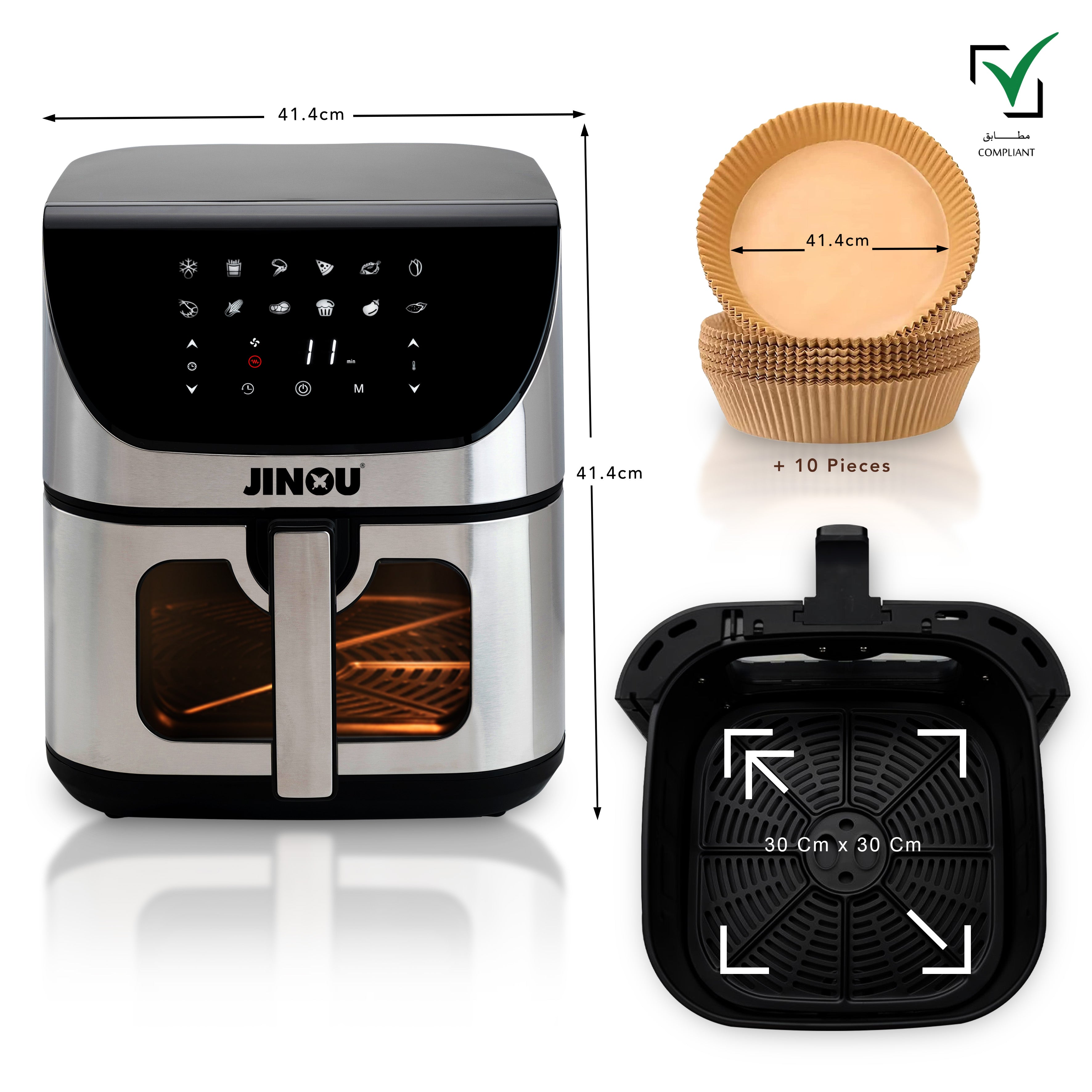 Jinou Air fryer 8L 1700W, 7 Presets–Made w/Non-Stick Bucket & Touch Panel–Frying,Grilling,Broiling, Roasting,Baking,Toasting,Vegetables,Fries,Chicken,Meat & Fish.10 Free Paper Liners. 1 Yr Warranty