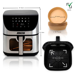 Jinou Air fryer 8L 1700W, 7 Presets–Made w/Non-Stick Bucket & Touch Panel–Frying,Grilling,Broiling, Roasting,Baking,Toasting,Vegetables,Fries,Chicken,Meat & Fish.10 Free Paper Liners. 1 Yr Warranty