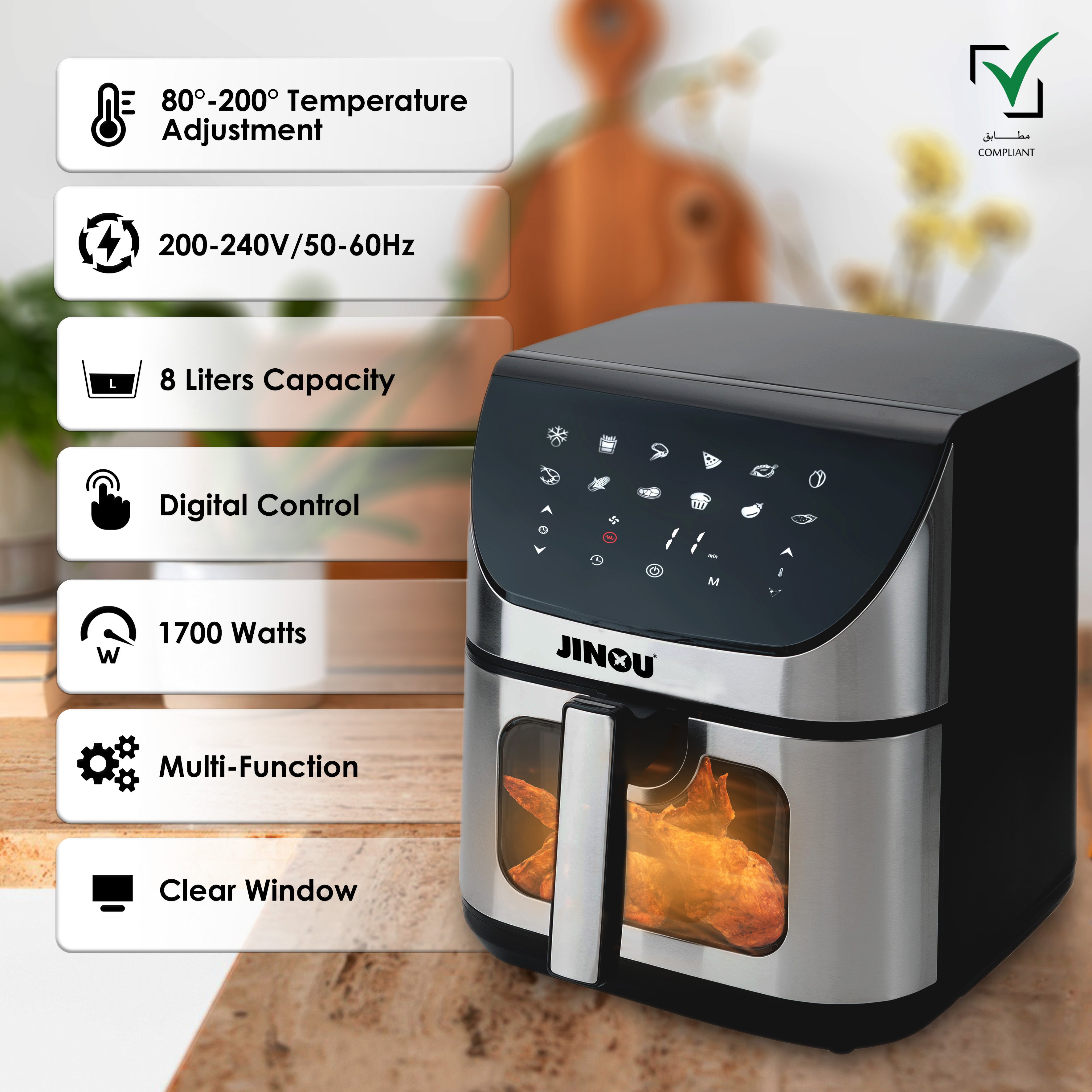 Jinou Air fryer 8L 1700W, 7 Presets–Made w/Non-Stick Bucket & Touch Panel–Frying,Grilling,Broiling, Roasting,Baking,Toasting,Vegetables,Fries,Chicken,Meat & Fish.10 Free Paper Liners. 1 Yr Warranty