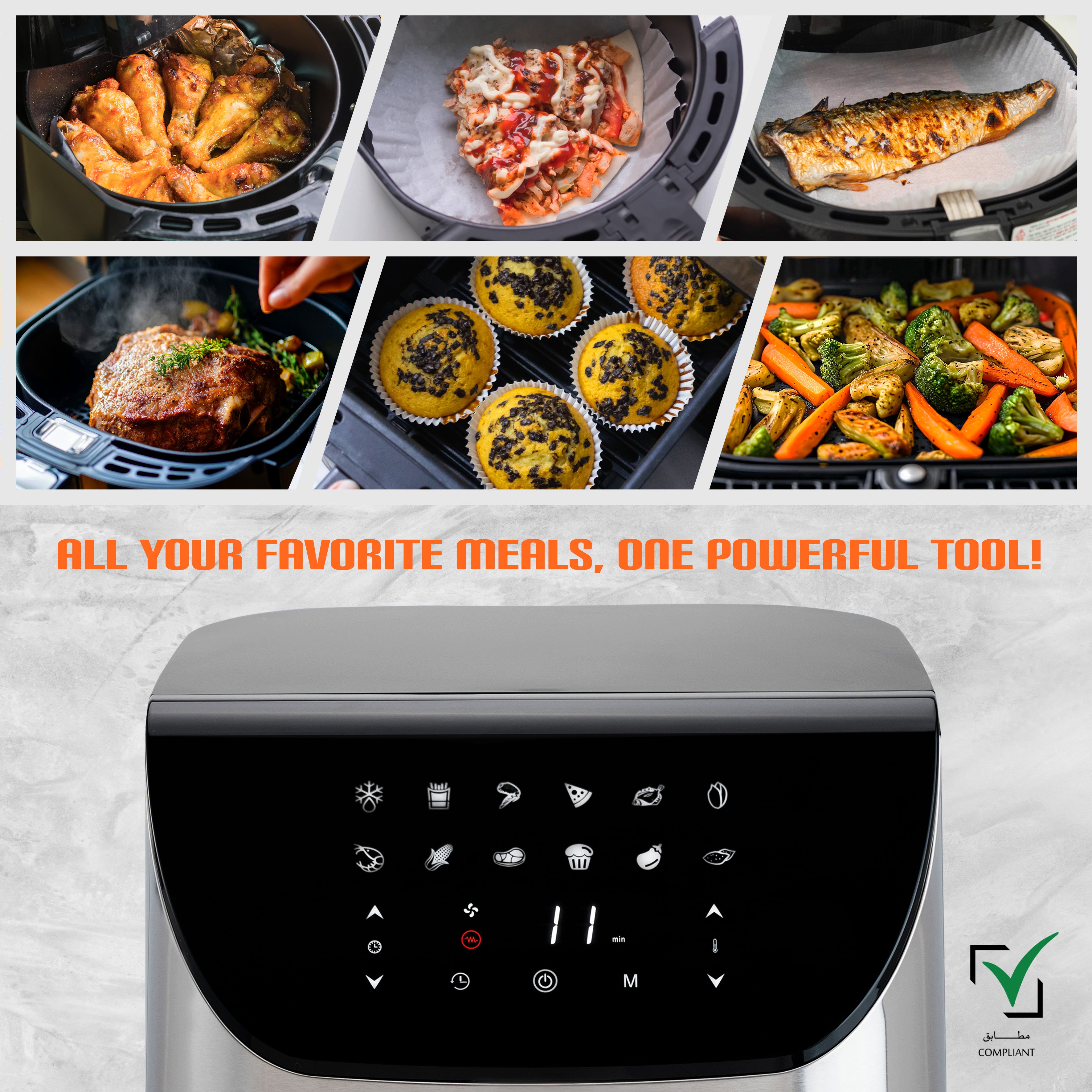 Jinou Air fryer 8L 1700W, 7 Presets–Made w/Non-Stick Bucket & Touch Panel–Frying,Grilling,Broiling, Roasting,Baking,Toasting,Vegetables,Fries,Chicken,Meat & Fish.10 Free Paper Liners. 1 Yr Warranty