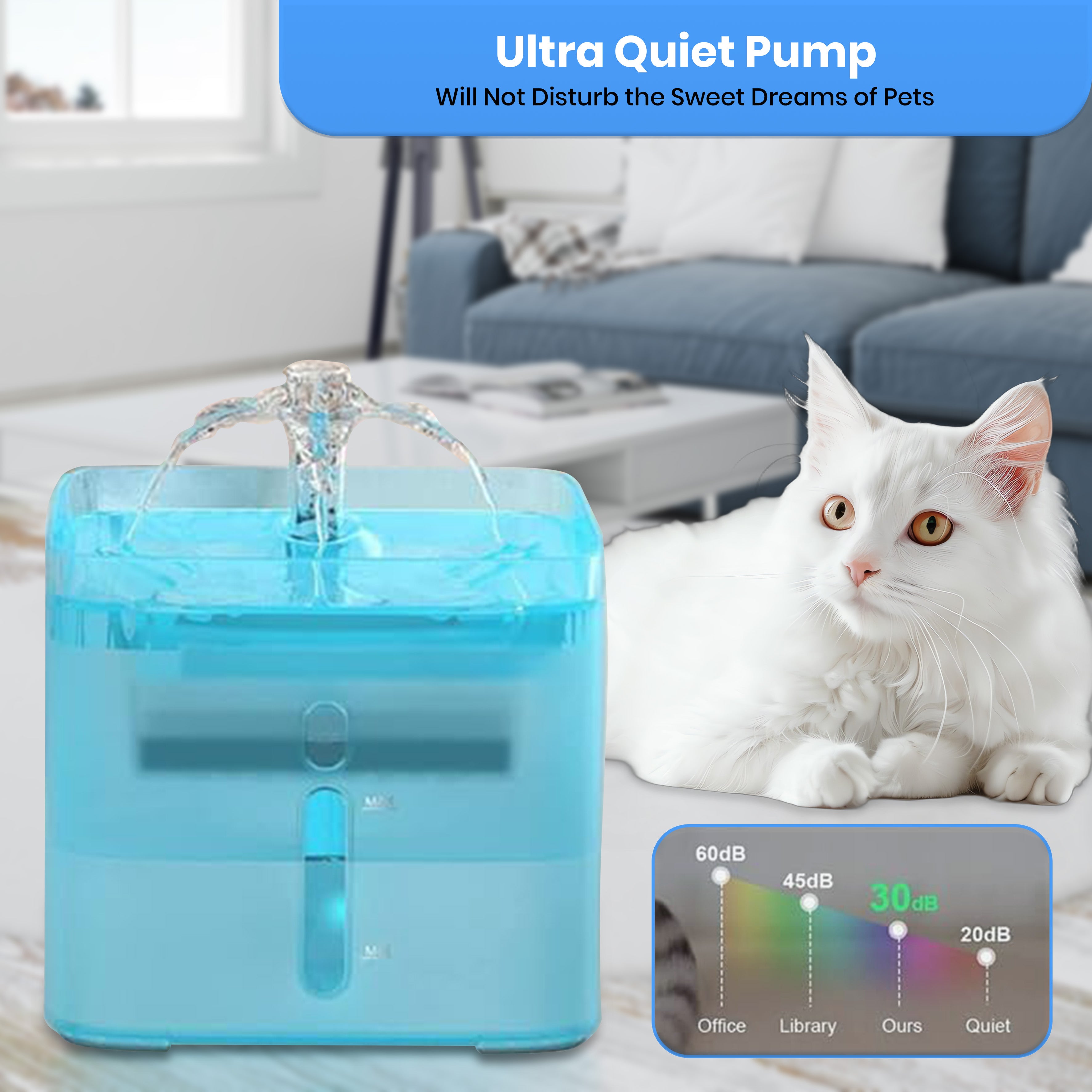 Jinou Cat Water Fountain - Made With Premium Quality Acrylic Glass - Pet Water Fountain With 3 Litre Water Tank- For Cats, Dogs & Other Pets (SQUARE ACRYLIC). 1 Year Warranty