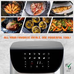 Jinou Air fryer 8L 1700W, 7 Presets–Made w/Non-Stick Bucket & Touch Panel–Frying,Grilling,Broiling, Roasting,Baking,Toasting,Vegetables,Fries,Chicken,Meat & Fish.10 Free Paper Liners. 1 Yr Warranty