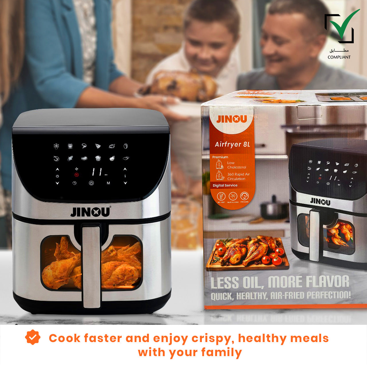 Jinou Air fryer 8L 1700W, 7 Presets–Made w/Non-Stick Bucket & Touch Panel–Frying,Grilling,Broiling, Roasting,Baking,Toasting,Vegetables,Fries,Chicken,Meat & Fish.10 Free Paper Liners. 1 Yr Warranty
