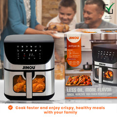 Jinou Air fryer 8L 1700W, 7 Presets–Made w/Non-Stick Bucket & Touch Panel–Frying,Grilling,Broiling, Roasting,Baking,Toasting,Vegetables,Fries,Chicken,Meat & Fish.10 Free Paper Liners. 1 Yr Warranty