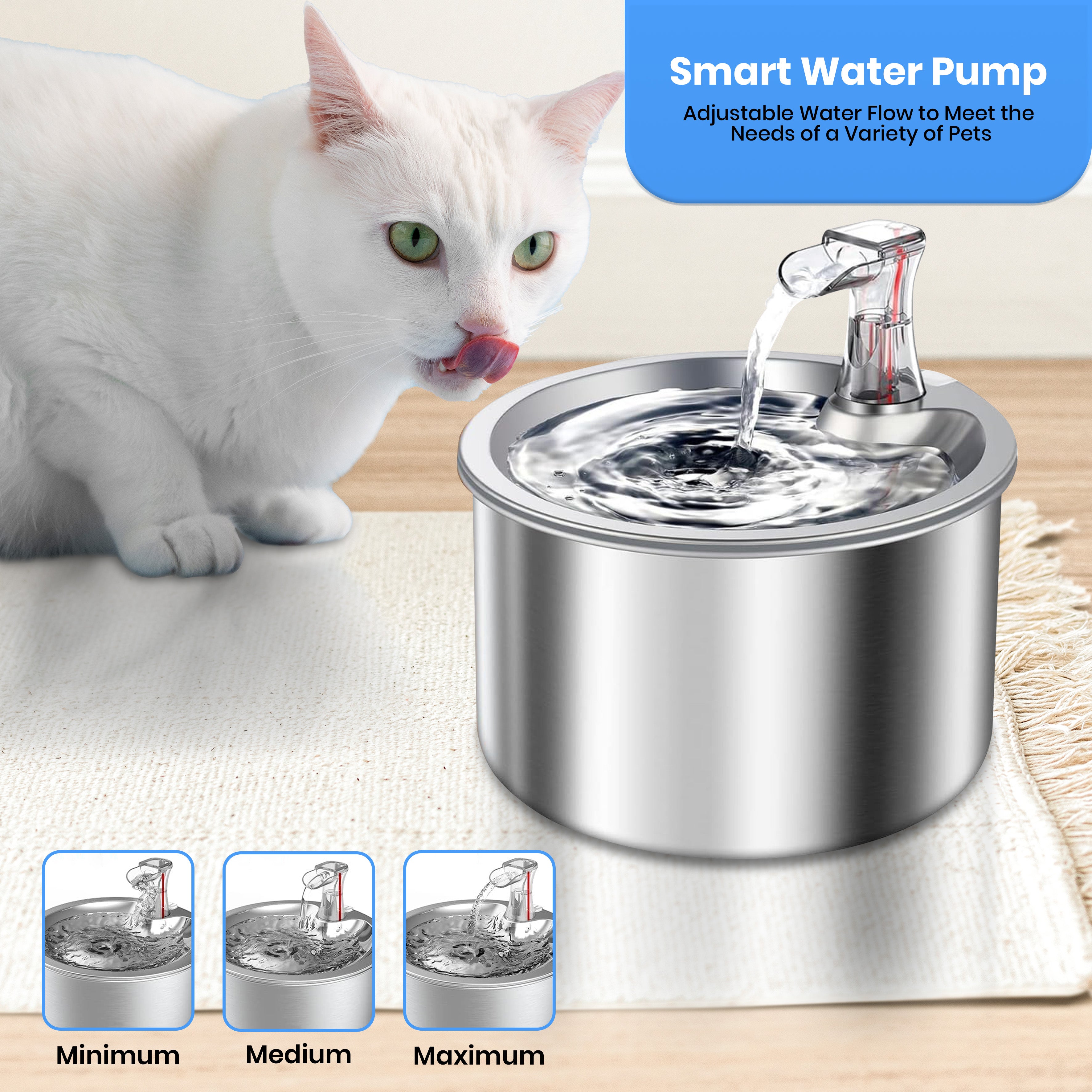Jinou Cat Water Fountain - Made With Premium Quality Acrylic Glass - Pet Water Fountain With 3 Litre Water Tank- For Cats, Dogs & Other Pets (ROUND STEEL) 1 Year Warranty