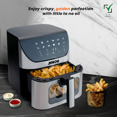 Jinou Air fryer 8L 1700W, 7 Presets–Made w/Non-Stick Bucket & Touch Panel–Frying,Grilling,Broiling, Roasting,Baking,Toasting,Vegetables,Fries,Chicken,Meat & Fish.10 Free Paper Liners. 1 Yr Warranty