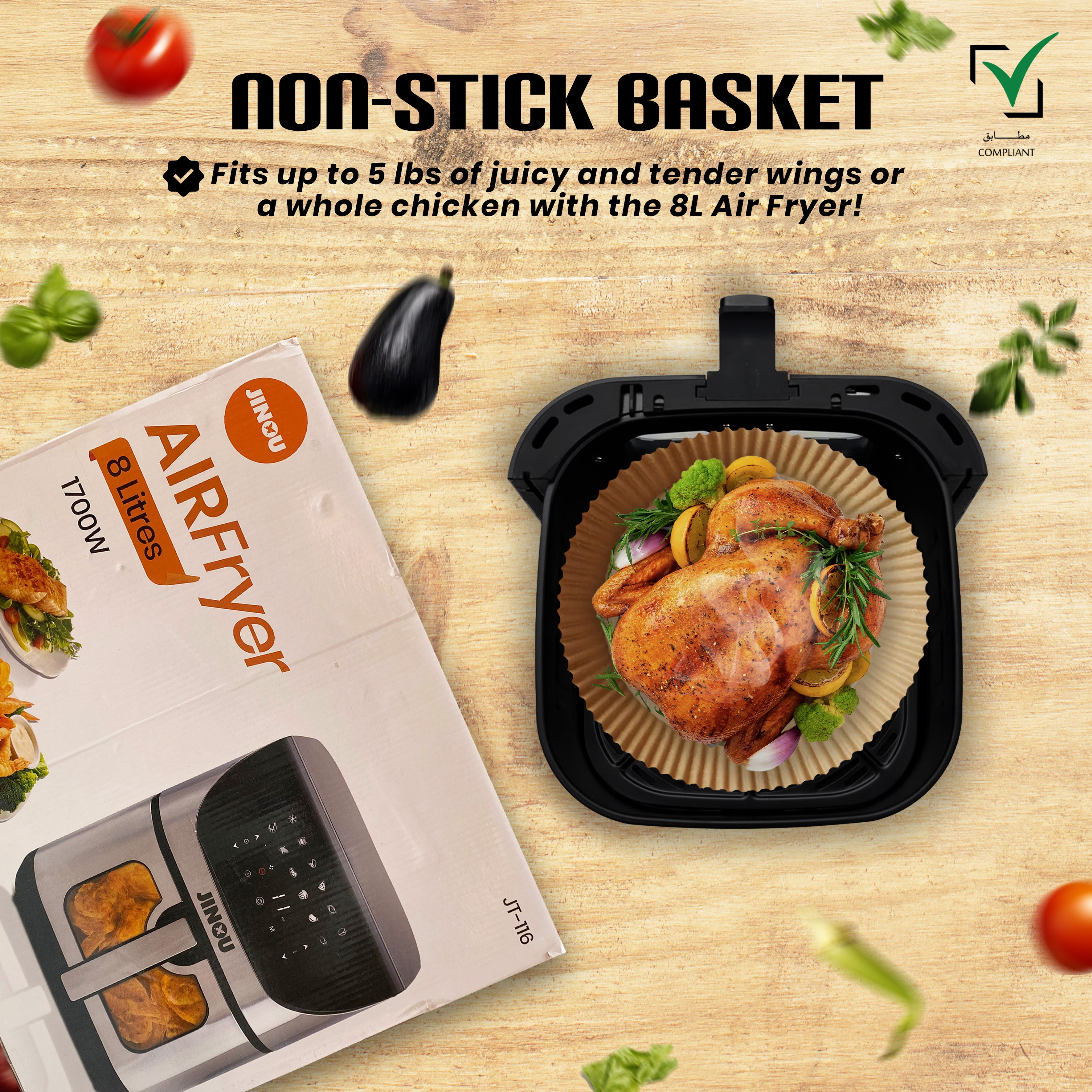 Jinou Air fryer 8L 1700W, 7 Presets–Made w/Non-Stick Bucket & Touch Panel–Frying,Grilling,Broiling, Roasting,Baking,Toasting,Vegetables,Fries,Chicken,Meat & Fish.10 Free Paper Liners. 1 Yr Warranty