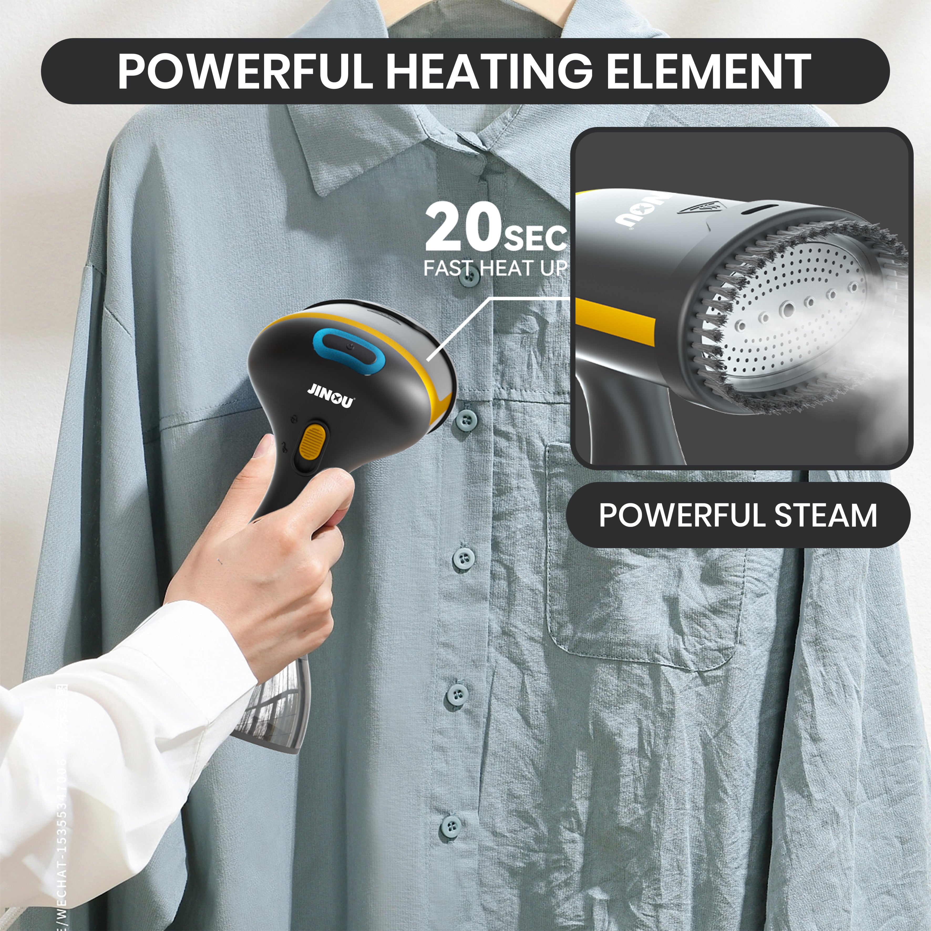 Jinou Steamer Clothes 1500W - Made With Premium Quality Material - 300ml Water Tank - 20 Secs Ultra Fast Heat Up - Wrinkle Remover for All Types of Fabrics - Free Ironing Glove, 1 Year Warranty