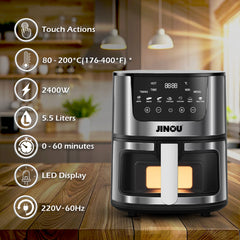 Jinou Air fryer 5.5L 2400W–Non-Stick Bucket & 7 Presets Digital Temperature Control–Ideal for Frying, Grilling, Roasting, Toasting Vegs, Fries, Meat, Fish & More.10 Free Paper Liners.1 Year Warranty