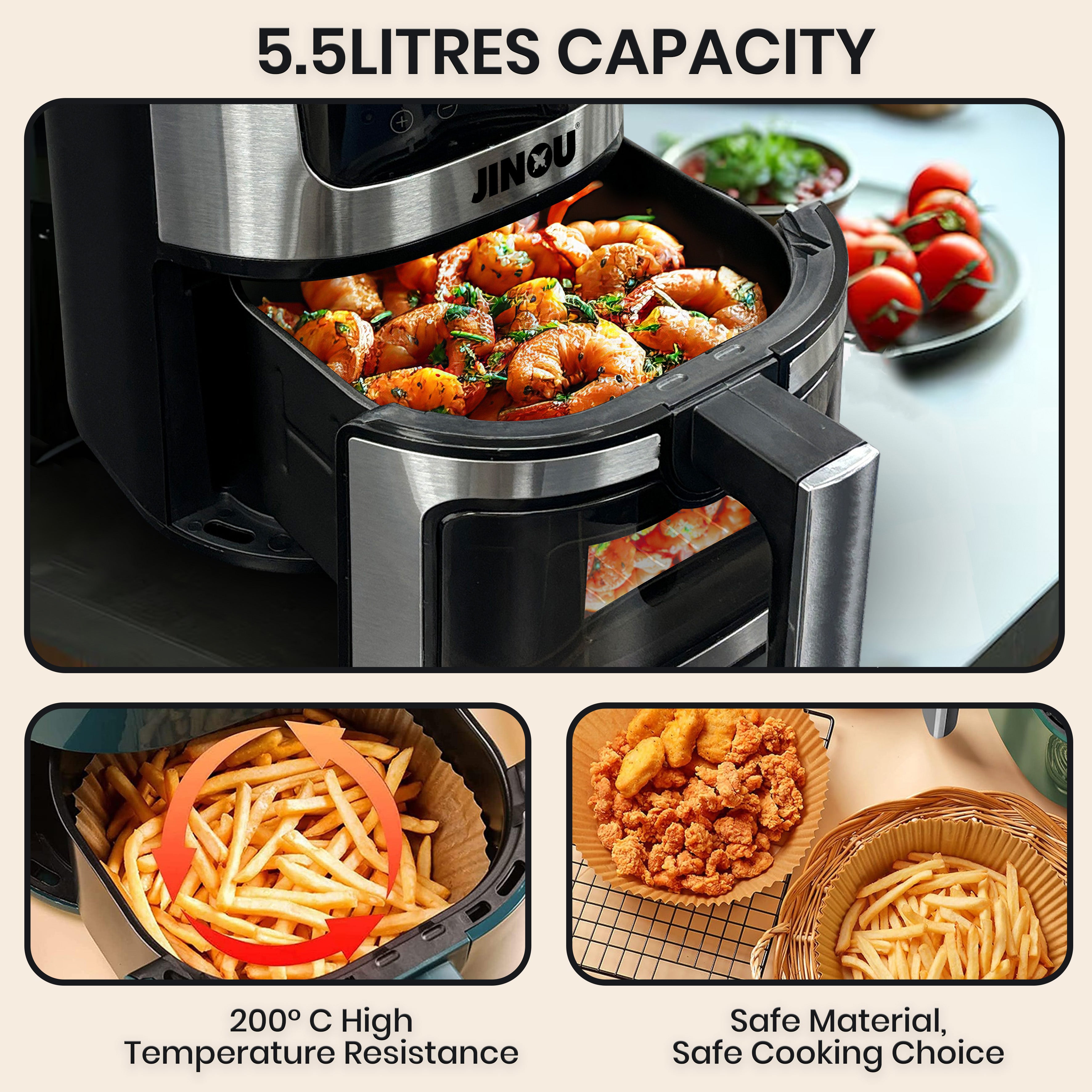Jinou Air fryer 5.5L 2400W–Non-Stick Bucket & 7 Presets Digital Temperature Control–Ideal for Frying, Grilling, Roasting, Toasting Vegs, Fries, Meat, Fish & More.10 Free Paper Liners.1 Year Warranty