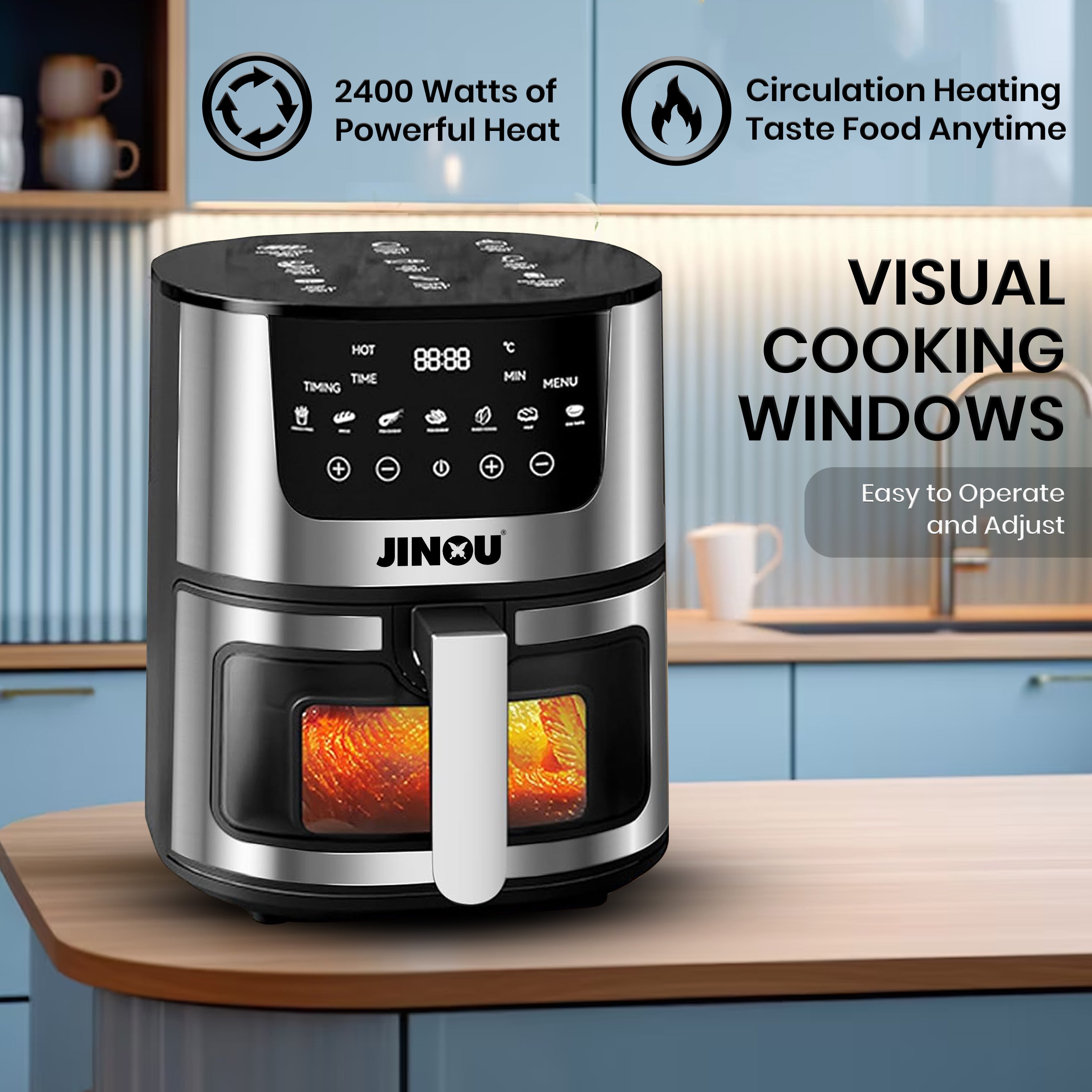 Jinou Air fryer 5.5L 2400W–Non-Stick Bucket & 7 Presets Digital Temperature Control–Ideal for Frying, Grilling, Roasting, Toasting Vegs, Fries, Meat, Fish & More.10 Free Paper Liners.1 Year Warranty