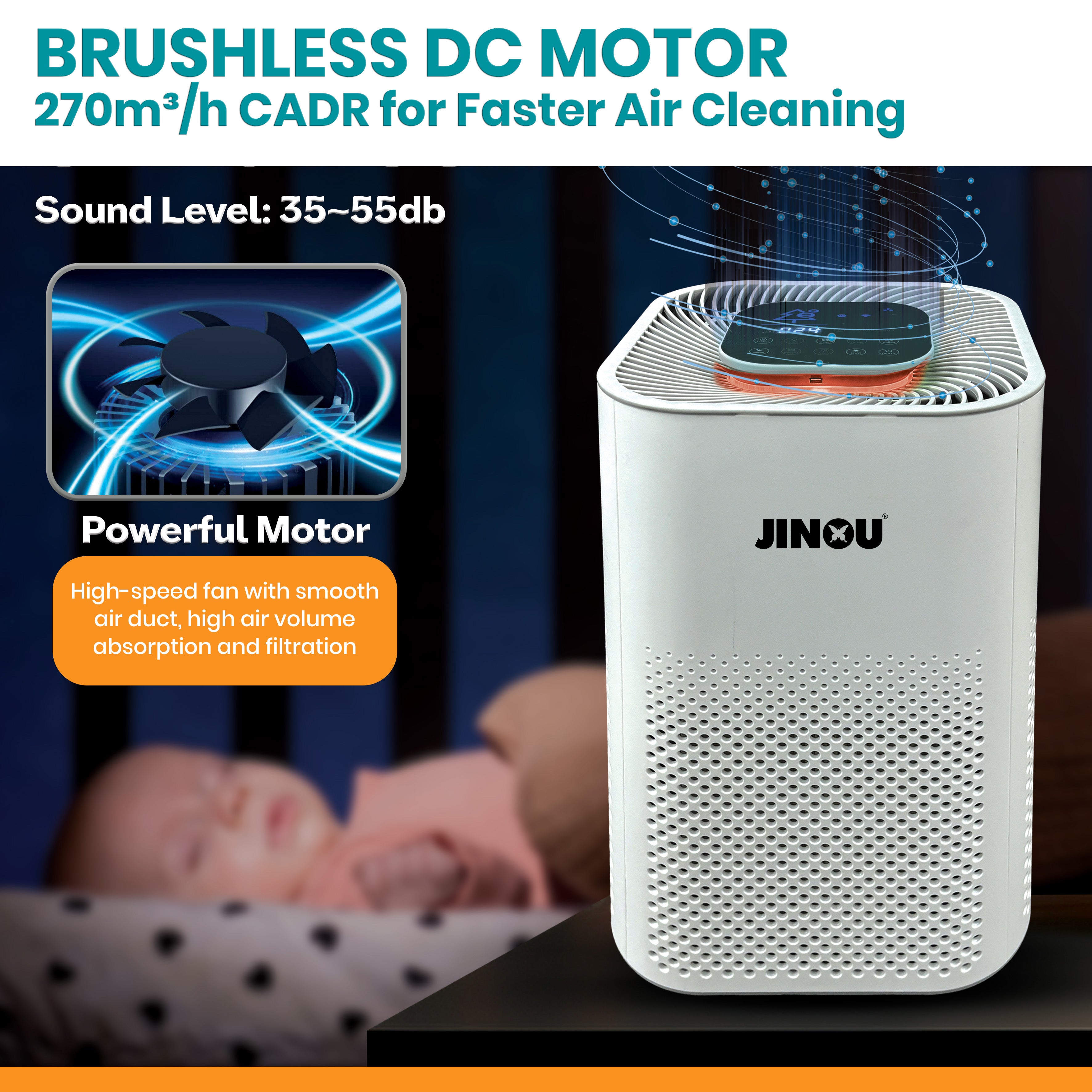Jinou Air Purifiers Made w/ Premium Quality HEPA Air Filter H13 (Mobile App Control for iOS & Android) – Ultra Quiet 35dB, 40m² Coverage, Real-Time Air Sensor, 99.97% Allergen Removal, 1 Year Warranty