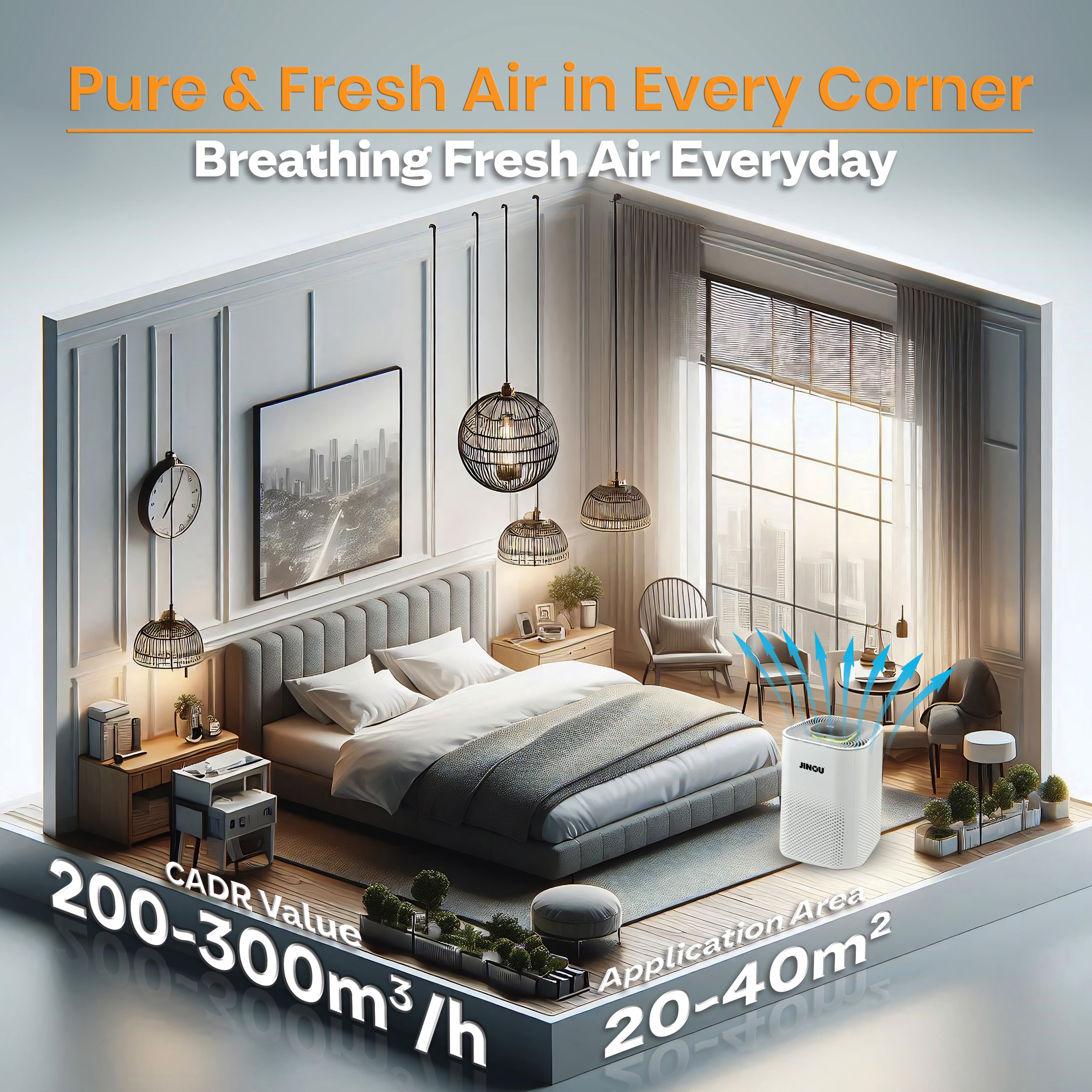 Jinou Air Purifiers Made w/ Premium Quality HEPA Air Filter H13 (Mobile App Control for iOS & Android) – Ultra Quiet 35dB, 40m² Coverage, Real-Time Air Sensor, 99.97% Allergen Removal, 1 Year Warranty