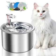 Jinou Cat Water Fountain - Made With Premium Quality Acrylic Glass - Pet Water Fountain With 3 Litre Water Tank- For Cats, Dogs & Other Pets (ROUND STEEL) 1 Year Warranty