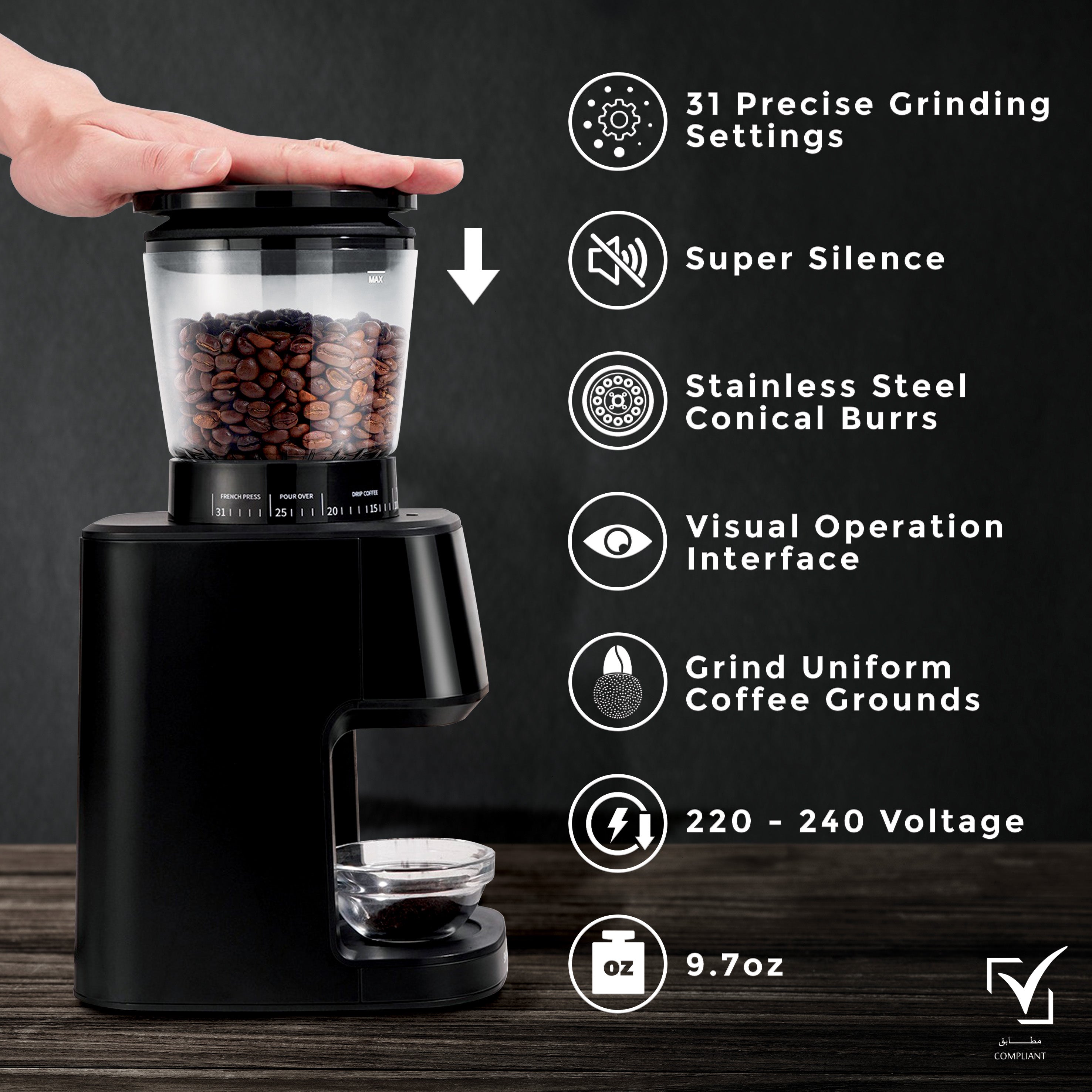 Jinou Coffee grinder made w/ 165W 100% pure copper motor-Designed w/ Premium Quality food grade material-grinder machine with 31 grinding sizes for coffee beans,all types of spices.1 Yr Warranty