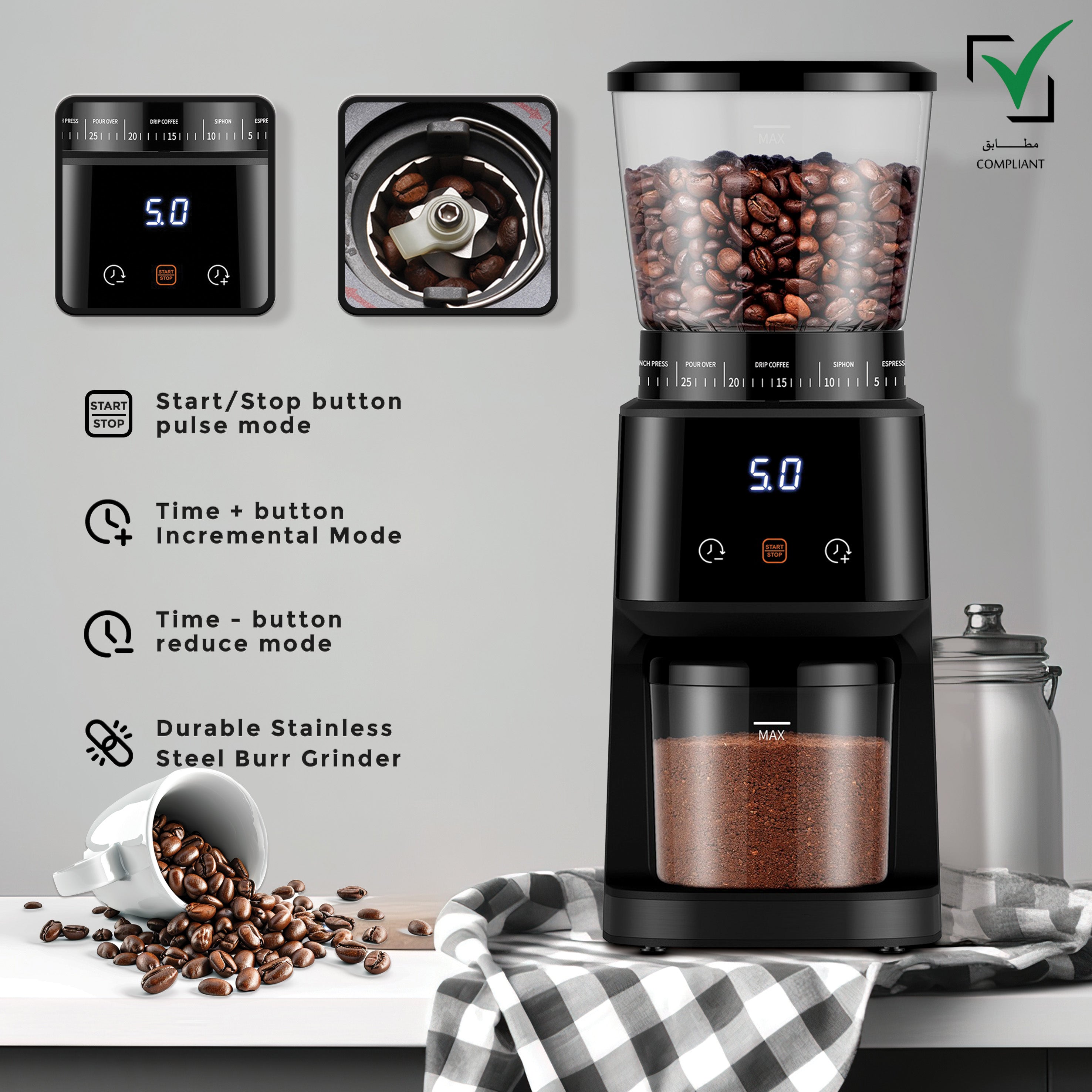 Jinou Coffee grinder made w/ 165W 100% pure copper motor-Designed w/ Premium Quality food grade material-grinder machine with 31 grinding sizes for coffee beans,all types of spices.1 Yr Warranty
