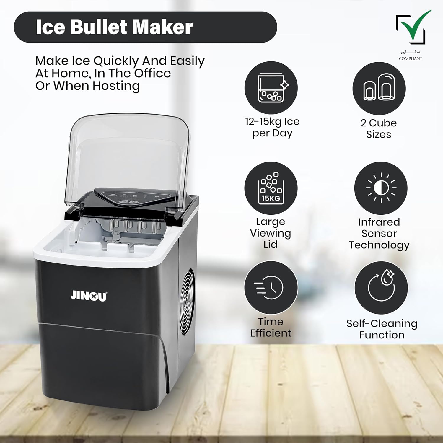 JINOU Ice Maker 2L – 12Kg/24H, 6 Mins Ready, 2 Ice Sizes – Self-Cleaning, Premium ABS, Upgraded Cooling – With Scoop, Basket & 5 Free Ice Bags – For Home, Kitchen, Bar, Cafe, & Party. 1 Year Warranty