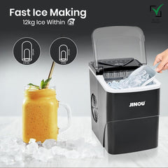 JINOU Ice Maker 2L – 12Kg/24H, 6 Mins Ready, 2 Ice Sizes – Self-Cleaning, Premium ABS, Upgraded Cooling – With Scoop, Basket & 5 Free Ice Bags – For Home, Kitchen, Bar, Cafe, & Party. 1 Year Warranty