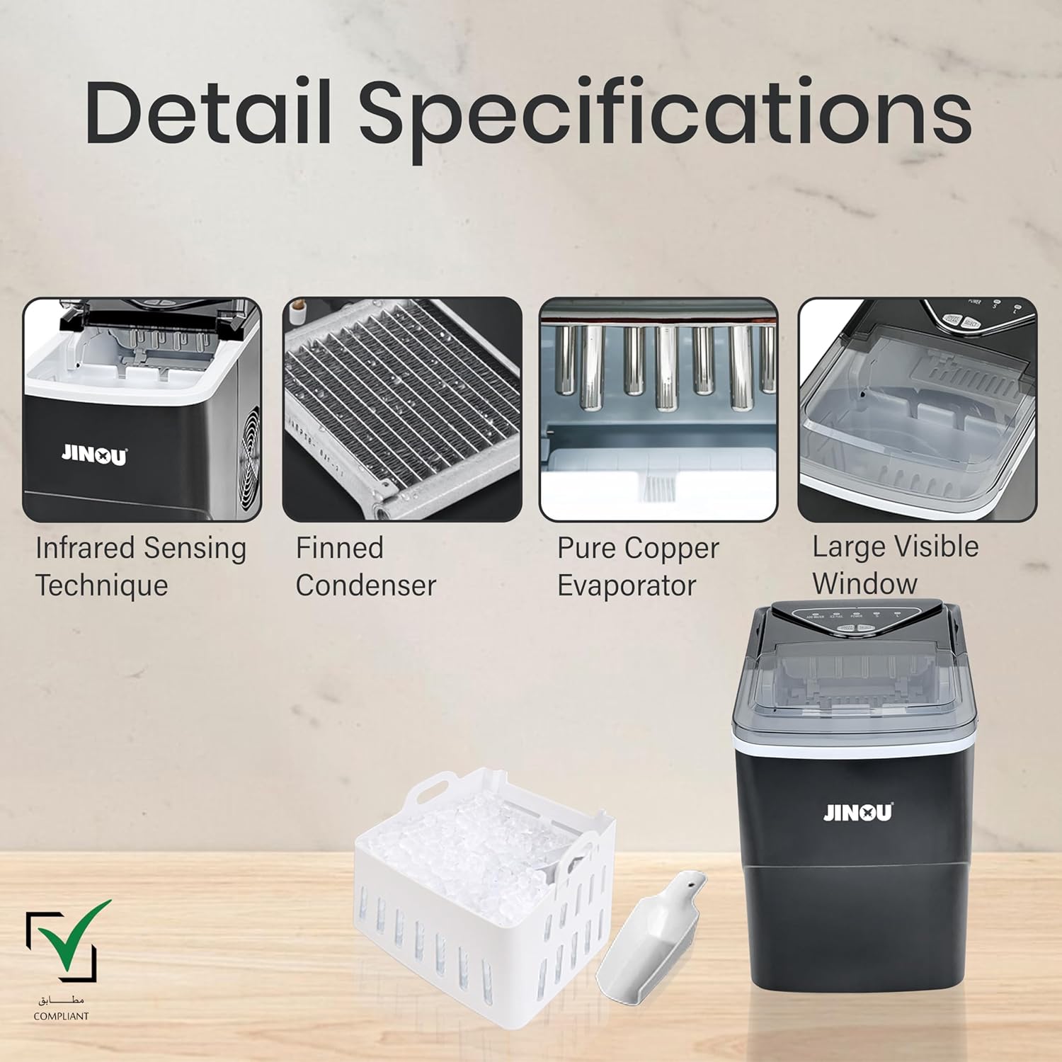 JINOU Ice Maker 2L – 12Kg/24H, 6 Mins Ready, 2 Ice Sizes – Self-Cleaning, Premium ABS, Upgraded Cooling – With Scoop, Basket & 5 Free Ice Bags – For Home, Kitchen, Bar, Cafe, & Party. 1 Year Warranty