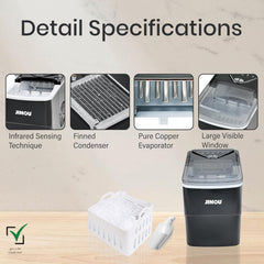 JINOU Ice Maker 2L – 12Kg/24H, 6 Mins Ready, 2 Ice Sizes – Self-Cleaning, Premium ABS, Upgraded Cooling – With Scoop, Basket & 5 Free Ice Bags – For Home, Kitchen, Bar, Cafe, & Party. 1 Year Warranty