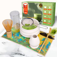 Jinou Matcha Set Made With Natural Bamboo And Premium Quality Ceramic – 7 Pcs Set Includes Whisk, Holder, Scoop, Scoop Rest, Sifter & Tea Towel – 17oz Bowl. Perfect for Matcha Lovers & Gifting