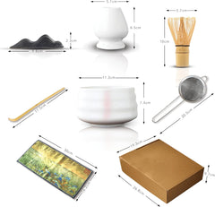 Jinou Matcha Set Made With Natural Bamboo And Premium Quality Ceramic – 7 Pcs Set Includes Whisk, Holder, Scoop, Scoop Rest, Sifter & Tea Towel – 17oz Bowl. Perfect for Matcha Lovers & Gifting