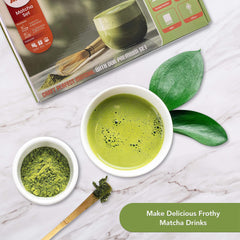 Jinou Matcha Set Made With Natural Bamboo And Premium Quality Ceramic – 7 Pcs Set Includes Whisk, Holder, Scoop, Scoop Rest, Sifter & Tea Towel – 17oz Bowl. Perfect for Matcha Lovers & Gifting