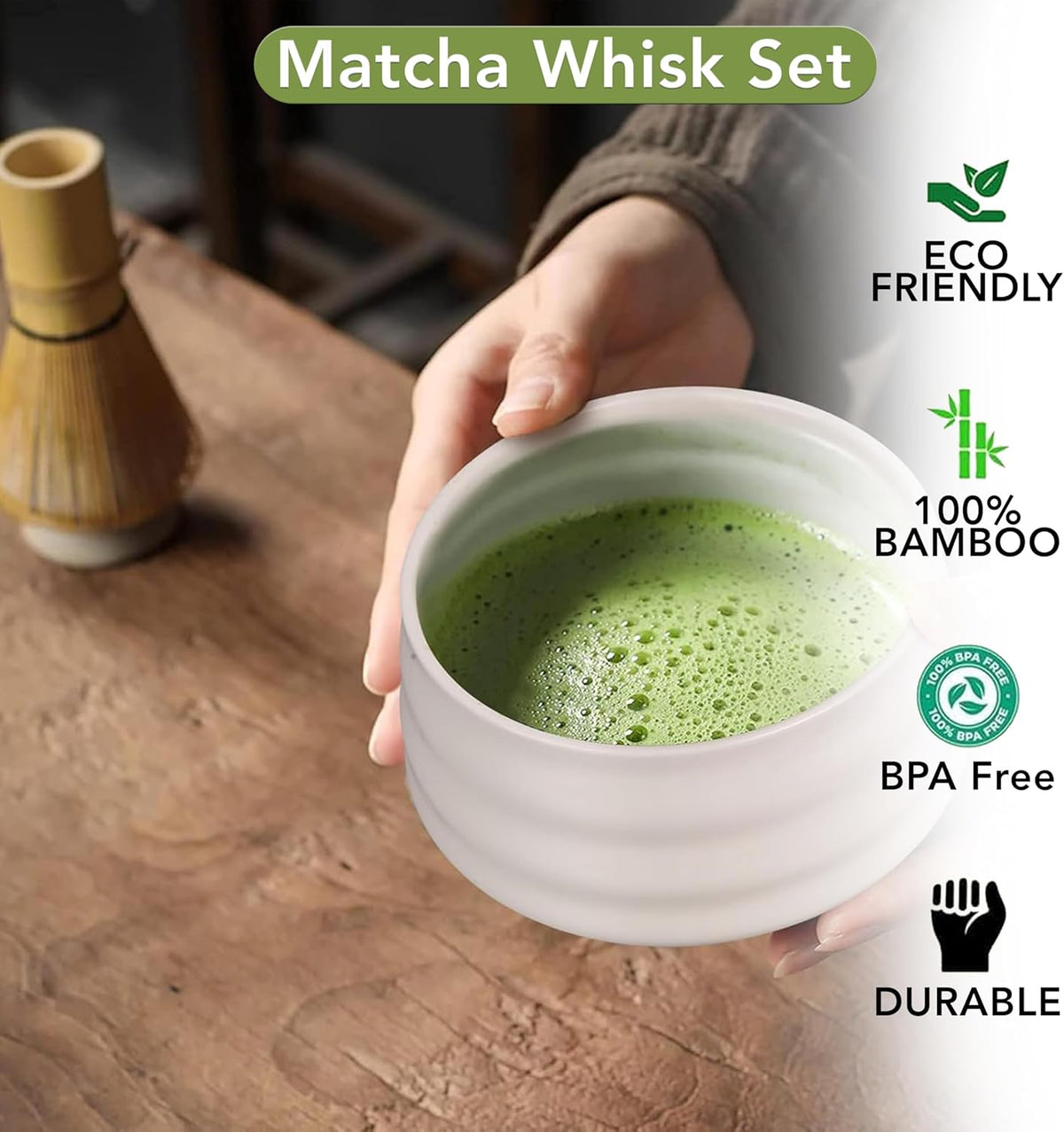 Jinou Matcha Set Made With Natural Bamboo And Premium Quality Ceramic – 7 Pcs Set Includes Whisk, Holder, Scoop, Scoop Rest, Sifter & Tea Towel – 17oz Bowl. Perfect for Matcha Lovers & Gifting