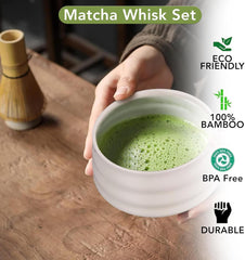 Jinou Matcha Set Made With Natural Bamboo And Premium Quality Ceramic – 7 Pcs Set Includes Whisk, Holder, Scoop, Scoop Rest, Sifter & Tea Towel – 17oz Bowl. Perfect for Matcha Lovers & Gifting