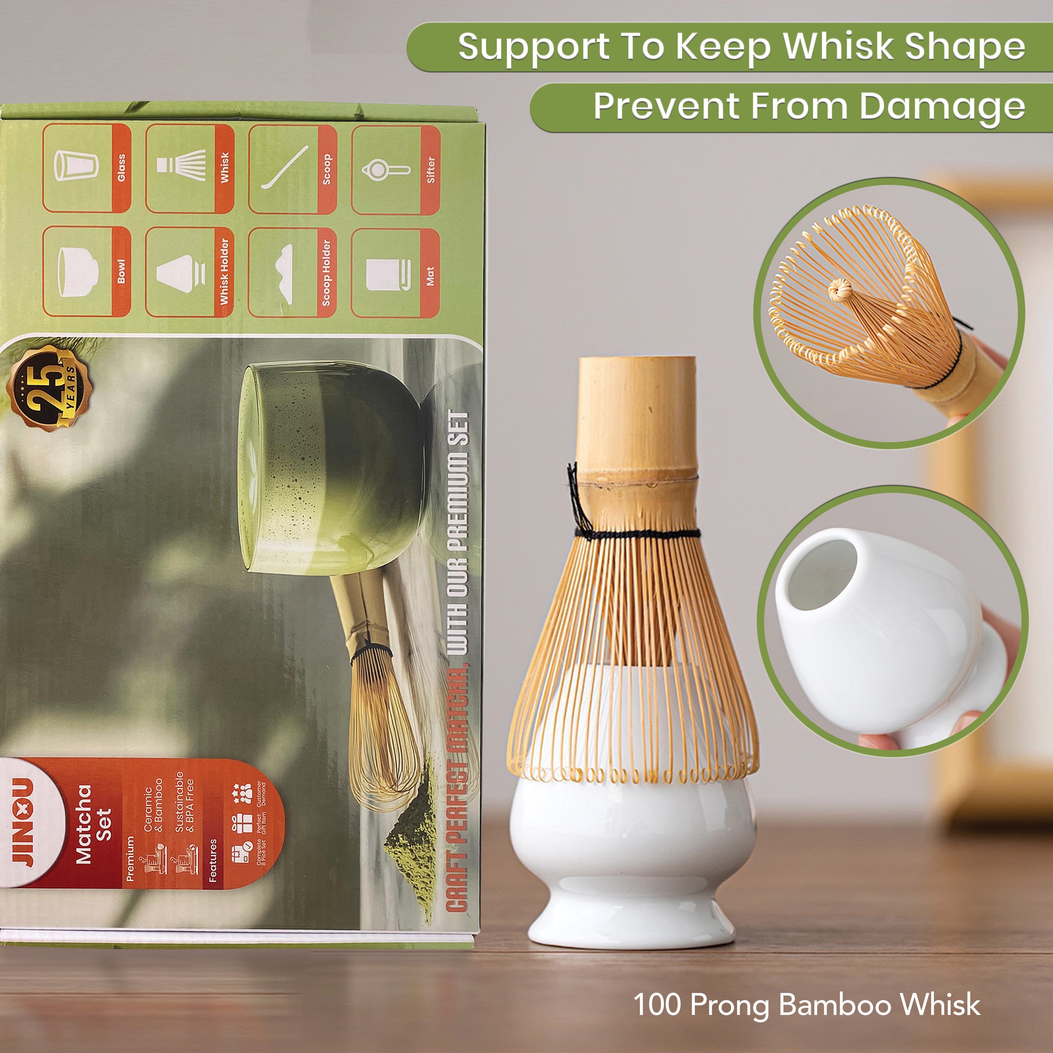 Jinou Matcha Set Made With Natural Bamboo And Premium Quality Ceramic – 7 Pcs Set Includes Whisk, Holder, Scoop, Scoop Rest, Sifter & Tea Towel – 17oz Bowl. Perfect for Matcha Lovers & Gifting