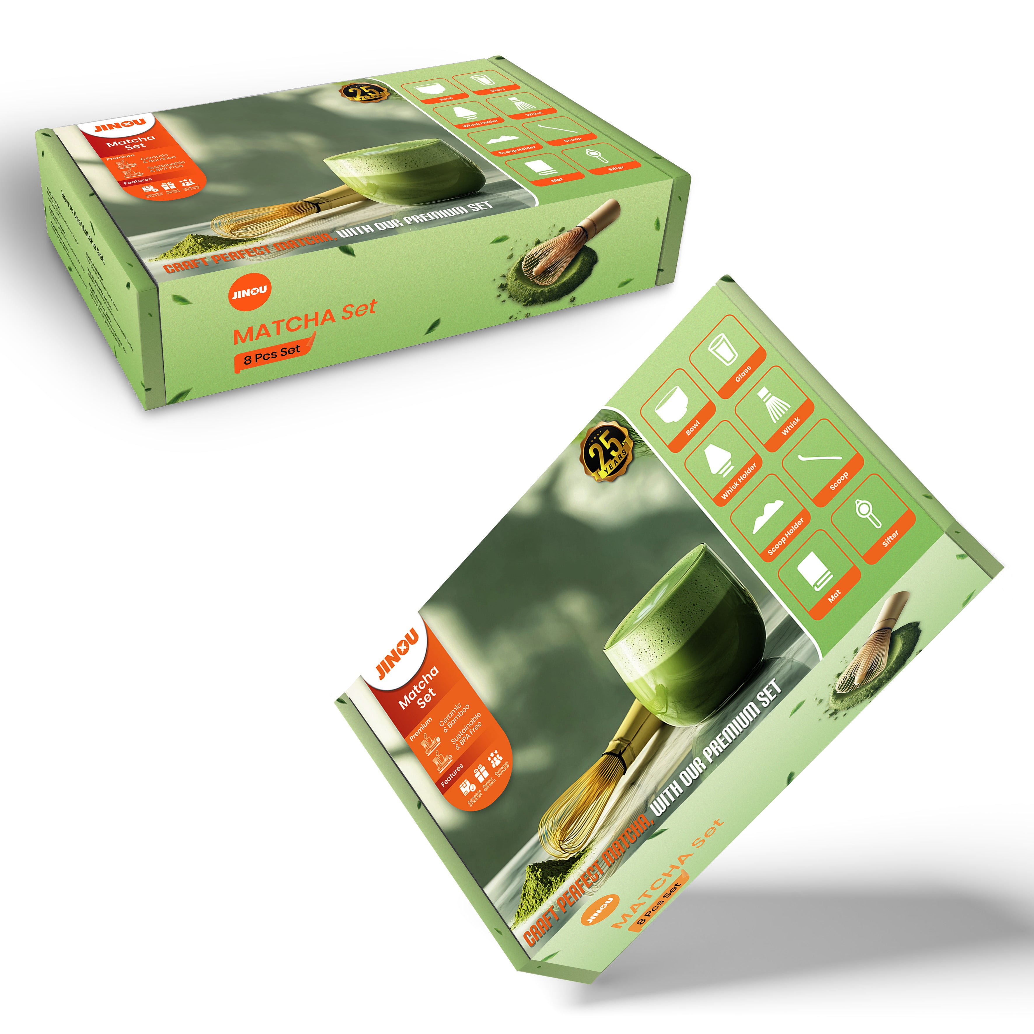 Jinou Matcha Set Made With Natural Bamboo And Premium Quality Ceramic – 7 Pcs Set Includes Whisk, Holder, Scoop, Scoop Rest, Sifter & Tea Towel – 17oz Bowl. Perfect for Matcha Lovers & Gifting