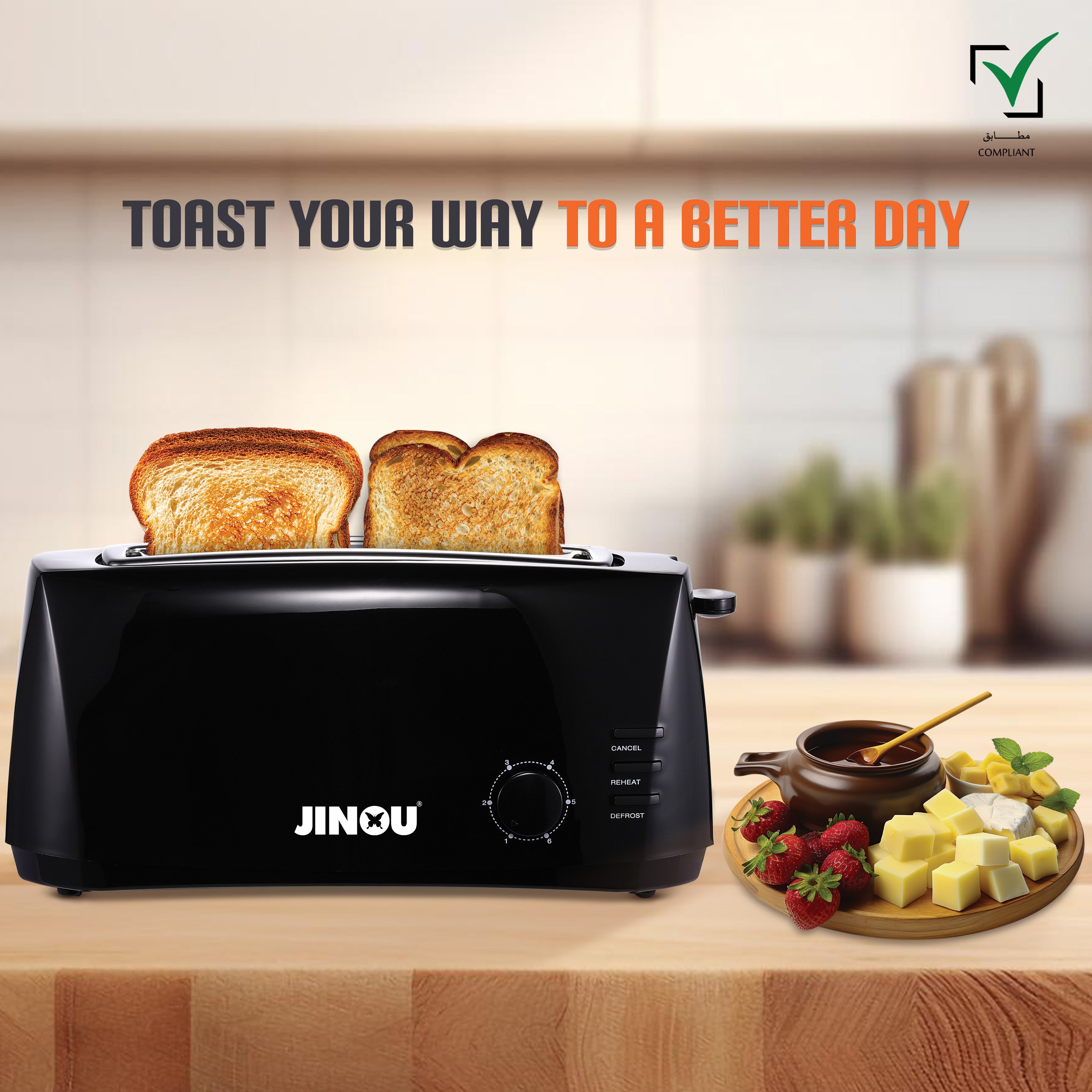 JINOU Toaster 4 Slice 1400W– Premium Quality Electronics,Stainless Steel Anti-Rust Heating Slots–for Bread, Bagels, Waffles,Pastries,Muffins–Reheat & Defrost Functions 1 Yr Warranty