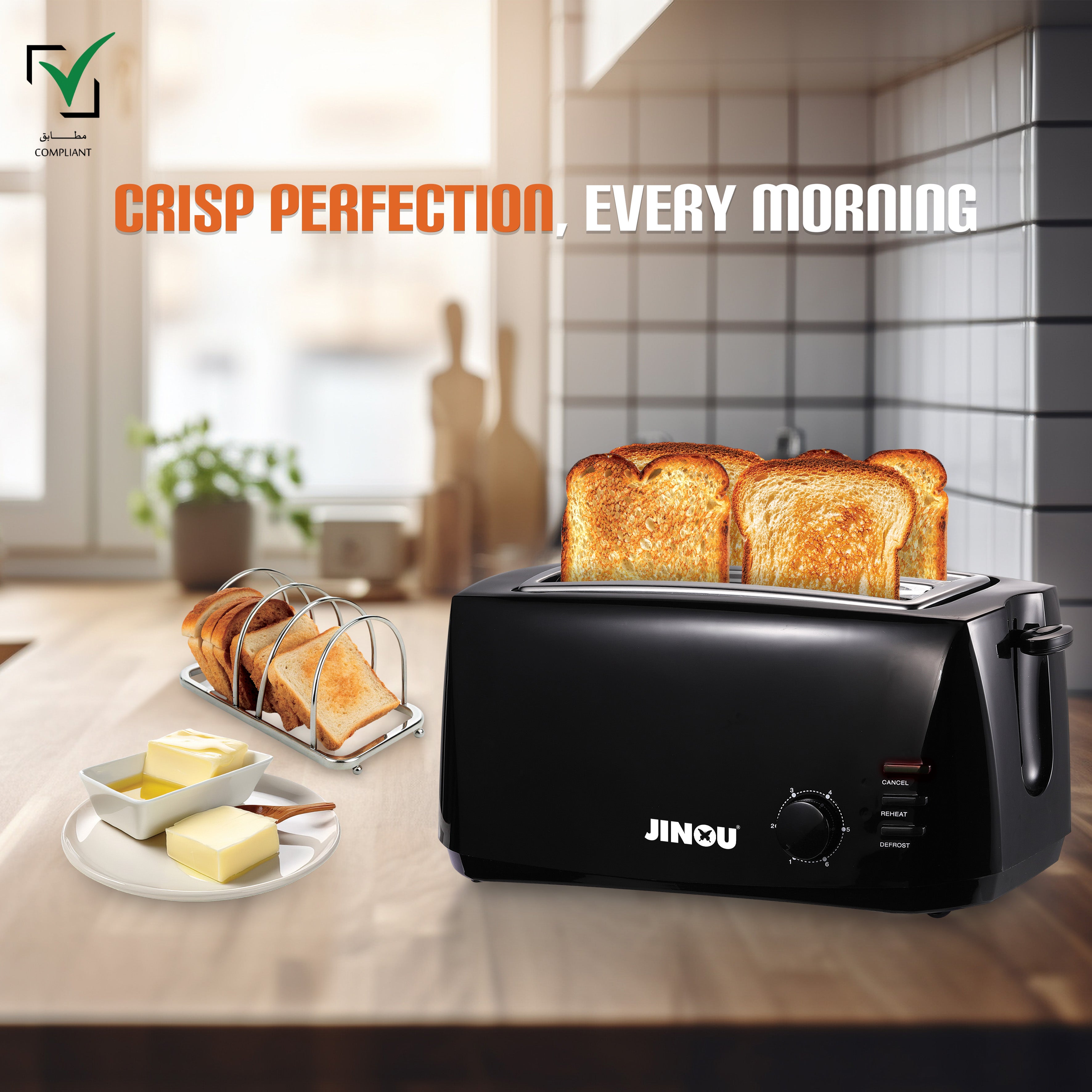 JINOU Toaster 4 Slice 1400W– Premium Quality Electronics,Stainless Steel Anti-Rust Heating Slots–for Bread, Bagels, Waffles,Pastries,Muffins–Reheat & Defrost Functions 1 Yr Warranty