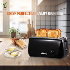 JINOU Toaster 4 Slice 1400W– Premium Quality Electronics,Stainless Steel Anti-Rust Heating Slots–for Bread, Bagels, Waffles,Pastries,Muffins–Reheat & Defrost Functions 1 Yr Warranty