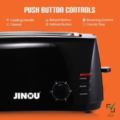 JINOU Toaster 4 Slice 1400W– Premium Quality Electronics,Stainless Steel Anti-Rust Heating Slots–for Bread, Bagels, Waffles,Pastries,Muffins–Reheat & Defrost Functions 1 Yr Warranty