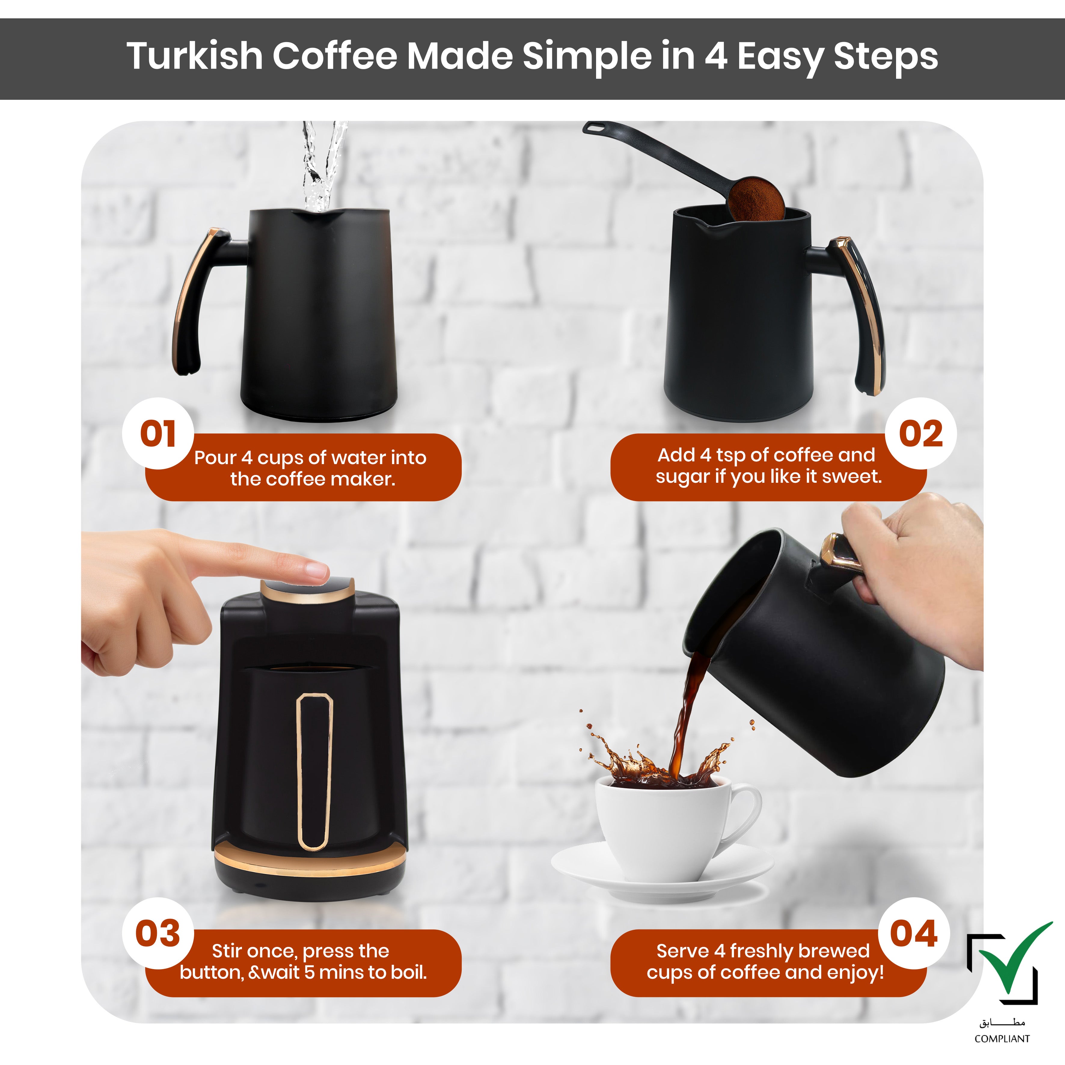 Jinou Turkish Coffee Maker 600W - Smart Touch Power Button - Made w/Premium Quality Material & Non-Stick Coating - Coffee Machine to Make Coffee & Other Hot Drinks. (Black). 4 Cups. 1 Year Warranty.