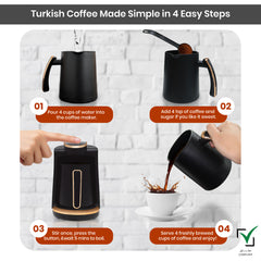Jinou Turkish Coffee Maker 600W - Smart Touch Power Button - Made w/Premium Quality Material & Non-Stick Coating - Coffee Machine to Make Coffee & Other Hot Drinks. (Black). 4 Cups. 1 Year Warranty.