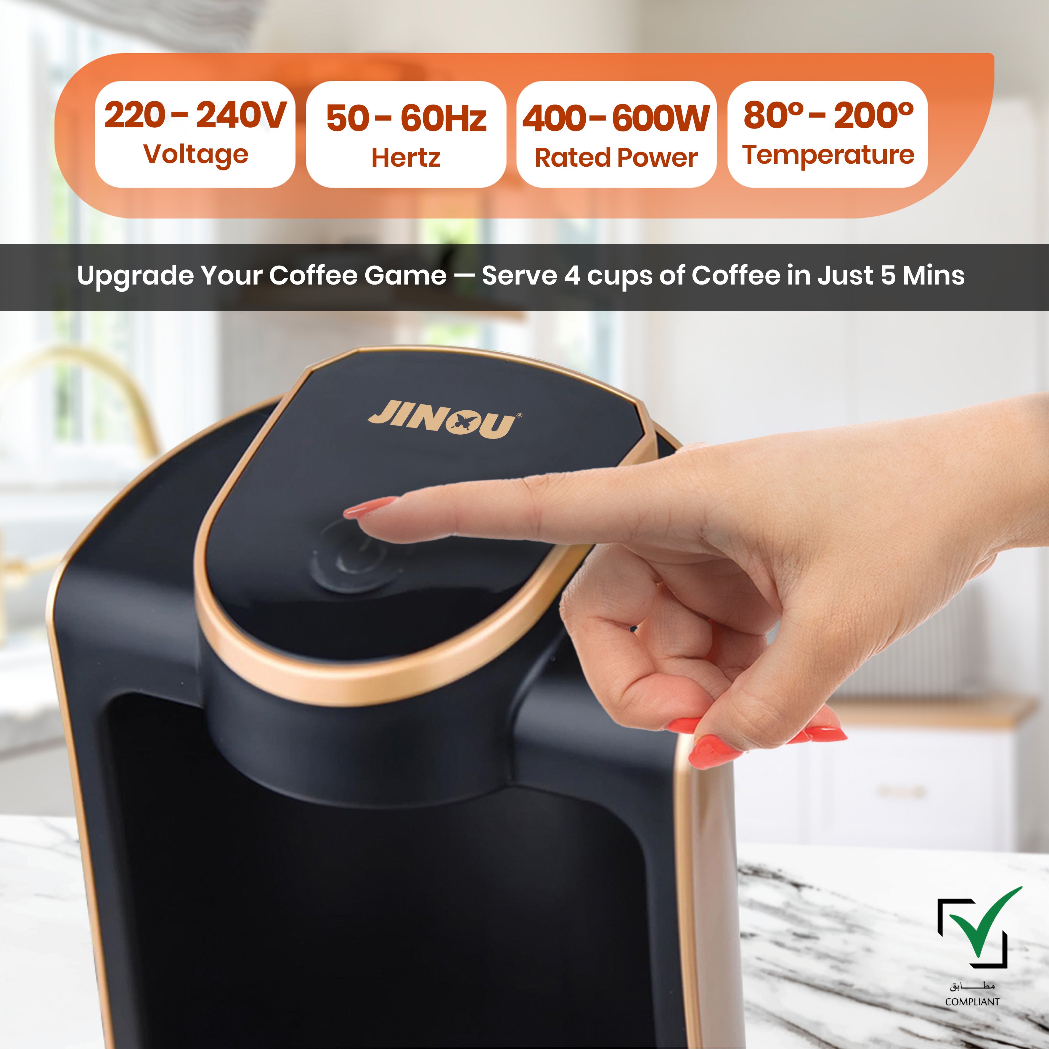 Jinou Turkish Coffee Maker 600W - Smart Touch Power Button - Made w/Premium Quality Material & Non-Stick Coating - Coffee Machine to Make Coffee & Other Hot Drinks. (Black). 4 Cups. 1 Year Warranty.