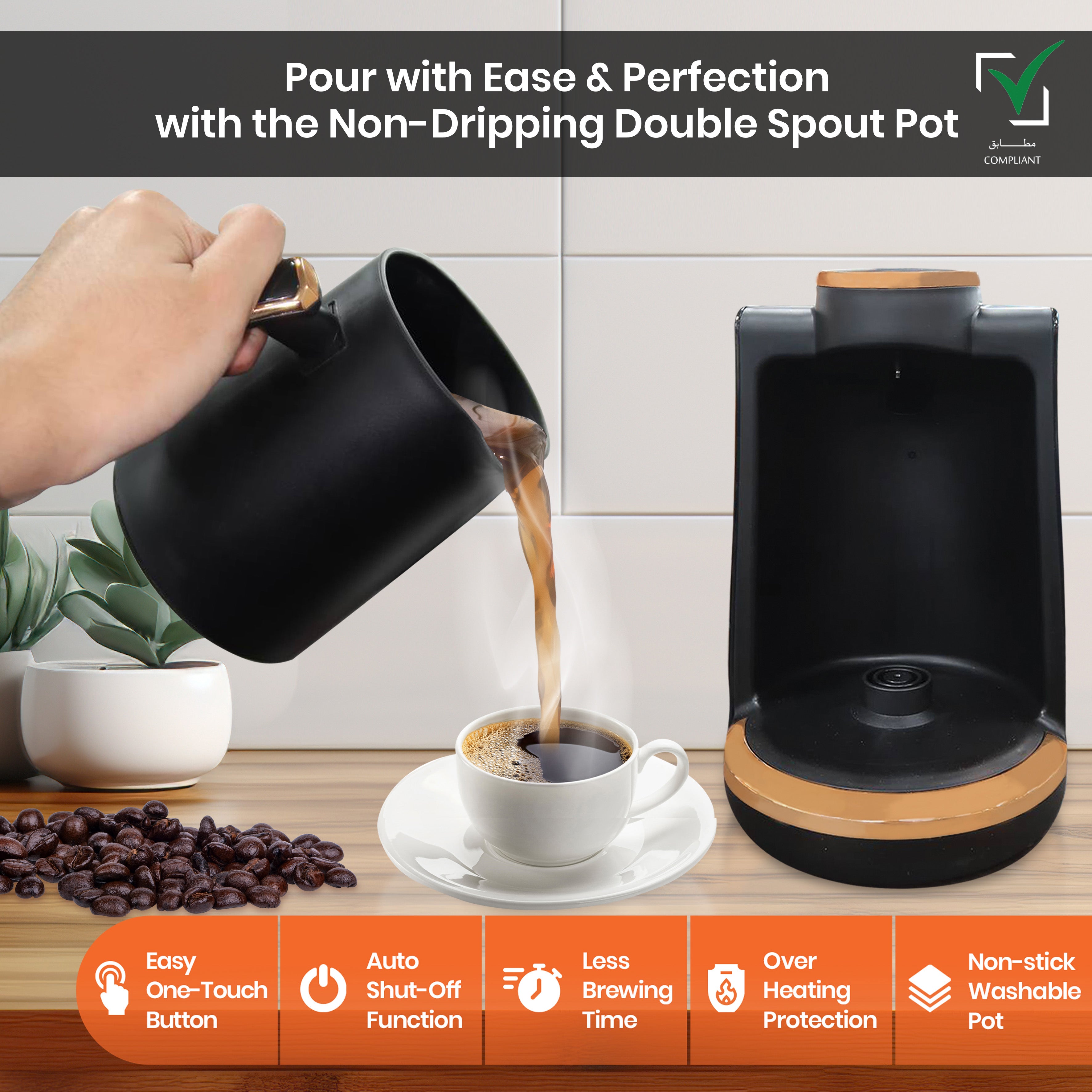 Jinou Turkish Coffee Maker 600W - Smart Touch Power Button - Made w/Premium Quality Material & Non-Stick Coating - Coffee Machine to Make Coffee & Other Hot Drinks. (Black). 4 Cups. 1 Year Warranty.