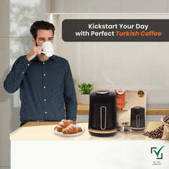 Jinou Turkish Coffee Maker 600W - Smart Touch Power Button - Made w/Premium Quality Material & Non-Stick Coating - Coffee Machine to Make Coffee & Other Hot Drinks. (Black). 4 Cups. 1 Year Warranty.