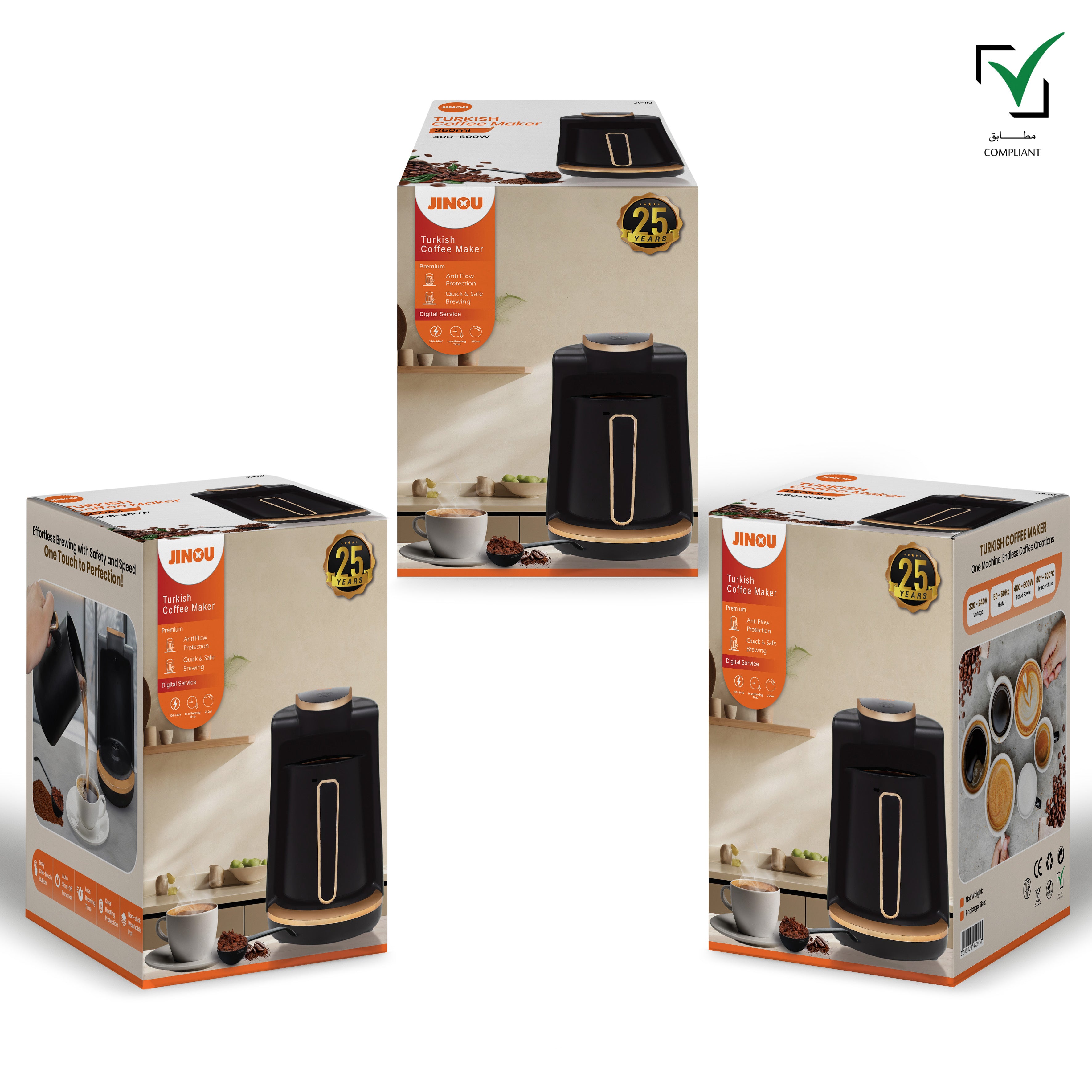 Jinou Turkish Coffee Maker 600W - Smart Touch Power Button - Made w/Premium Quality Material & Non-Stick Coating - Coffee Machine to Make Coffee & Other Hot Drinks. (Black). 4 Cups. 1 Year Warranty.