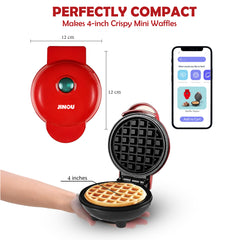Jinou 4" Mini Waffle Maker - Made With Premium Quality Plastic & Non-Stick Coating - Small Pancake Maker For Brownies, Cookies, Quesadillas, Calzones, Hash Browns & More. 1 Year Warranty
