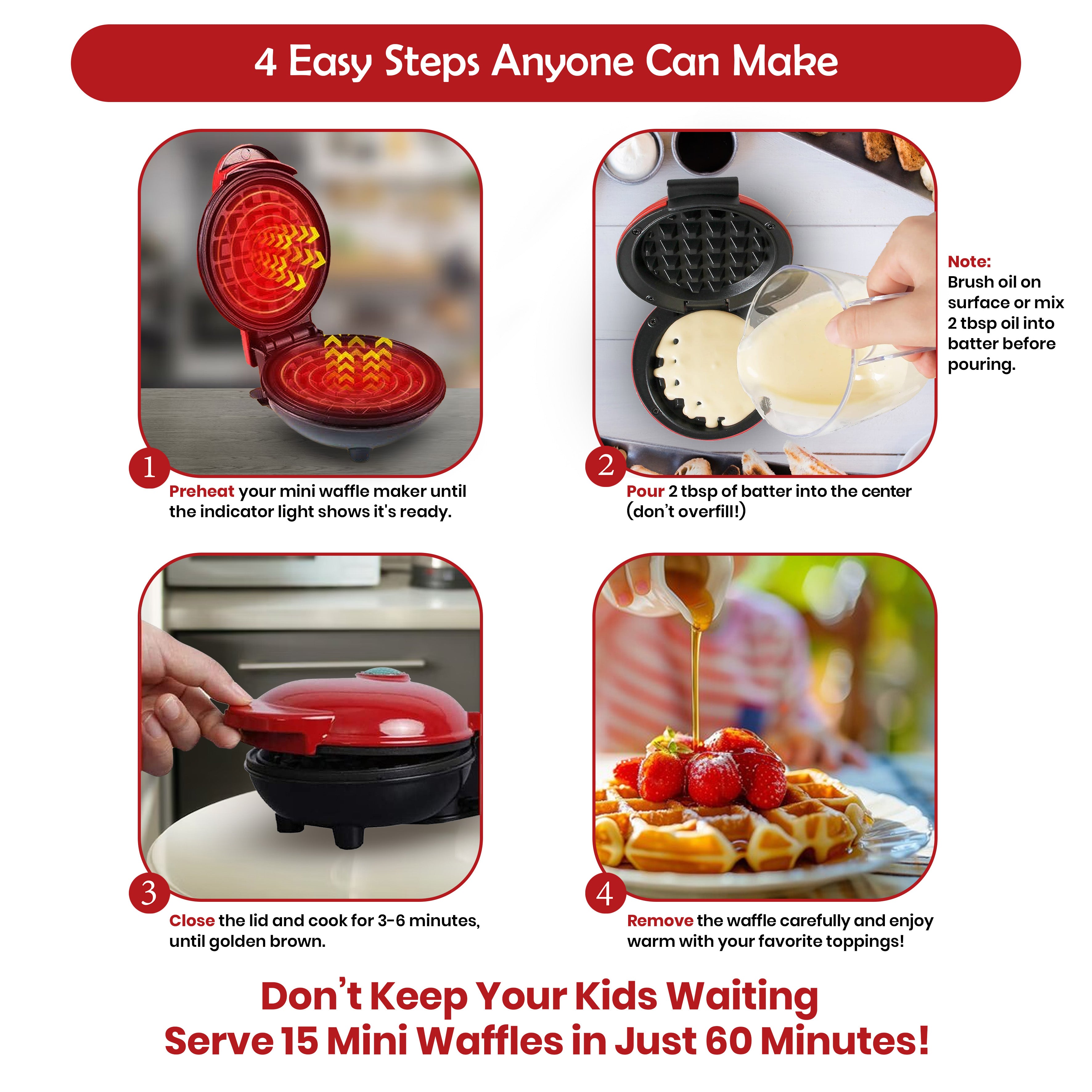 Jinou 4" Mini Waffle Maker - Made With Premium Quality Plastic & Non-Stick Coating - Small Pancake Maker For Brownies, Cookies, Quesadillas, Calzones, Hash Browns & More. 1 Year Warranty