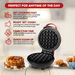 Jinou 4" Mini Waffle Maker - Made With Premium Quality Plastic & Non-Stick Coating - Small Pancake Maker For Brownies, Cookies, Quesadillas, Calzones, Hash Browns & More. 1 Year Warranty